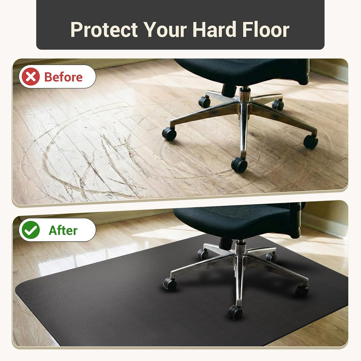 Office Rolling Chair Mat for Hardwood and Tile Floor, Black, Anti-Slip, Non-Curve, Chair Mat Best for Under the Computer Desk, 47 x 35 Rectangular Non-Toxic Plastic Protector, Not for Carpet