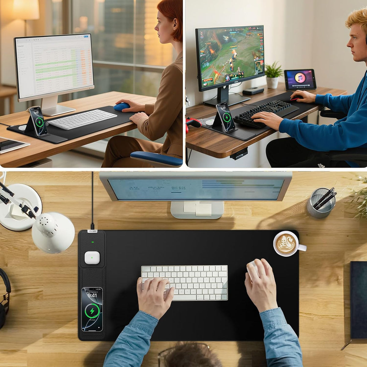 Wireless Charging Mouse Pad with Foldable Phone Holder, 31.5"x15.8", Black