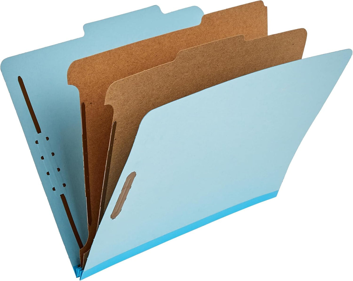 Amazon Basics Classification Folder with Prongs, 100% Recycled, 2 Dividers, 2" Embedded Fasteners, Letter Size, for Documents Organization, Light Blue, 10 Count