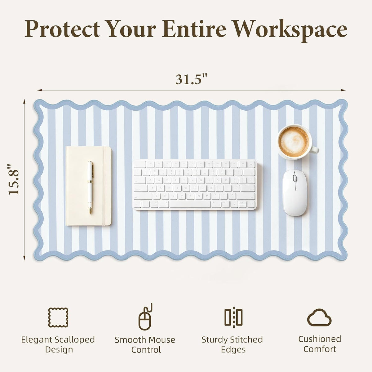 HAUTOCO Scalloped Desk Mat 31.5'' x 15.8'' Aesthetic Mouse Pad