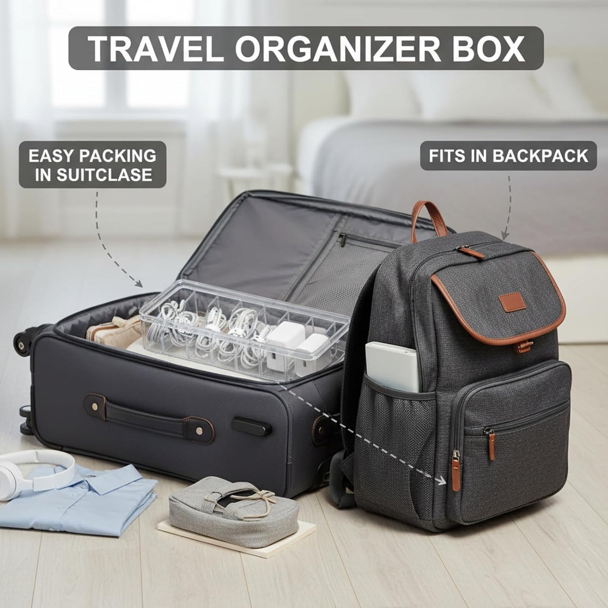 Tatuo Cord Organizer Box with Lid, Clear, 2 Pack