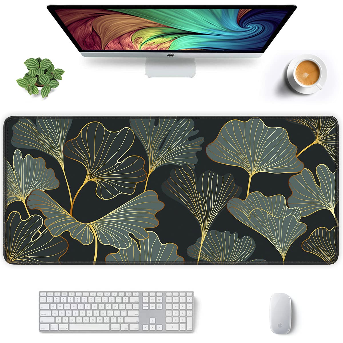 Desk Mat, Ultra Large Mouse Pad, XXL Gaming Mousepad, Green Tropical Leaves Deskpad, Big Extended Full Size Mouse Pad, Desktop Desk Matt for Keyboard, Laptop & Computer, 35.5 x 15.7 in