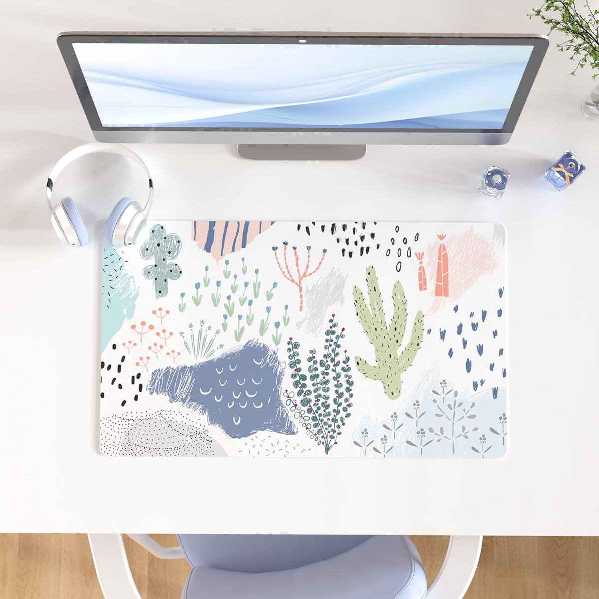 Faux Leather Large Mouse Pad, Office Desk Mat, 31.5"x15.7", Pink Floral