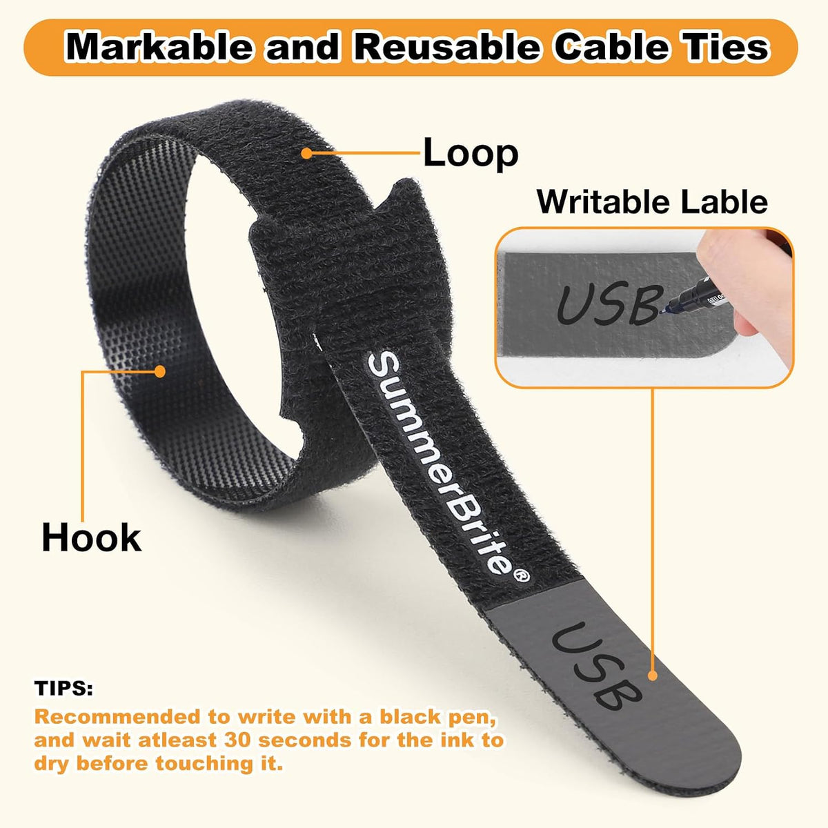 Cable Ties with Writable Labels, Wire Management, Black, 70 PCS, 6 IN