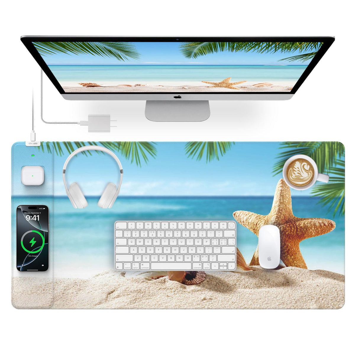 Wireless Charging Mouse Pad with Foldable Phone Holder, 31.5"x15.8", Black