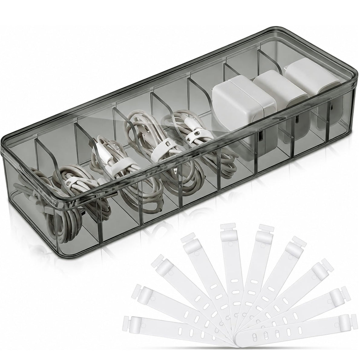 Tatuo Cord Organizer Box with Lid, Clear, 2 Pack