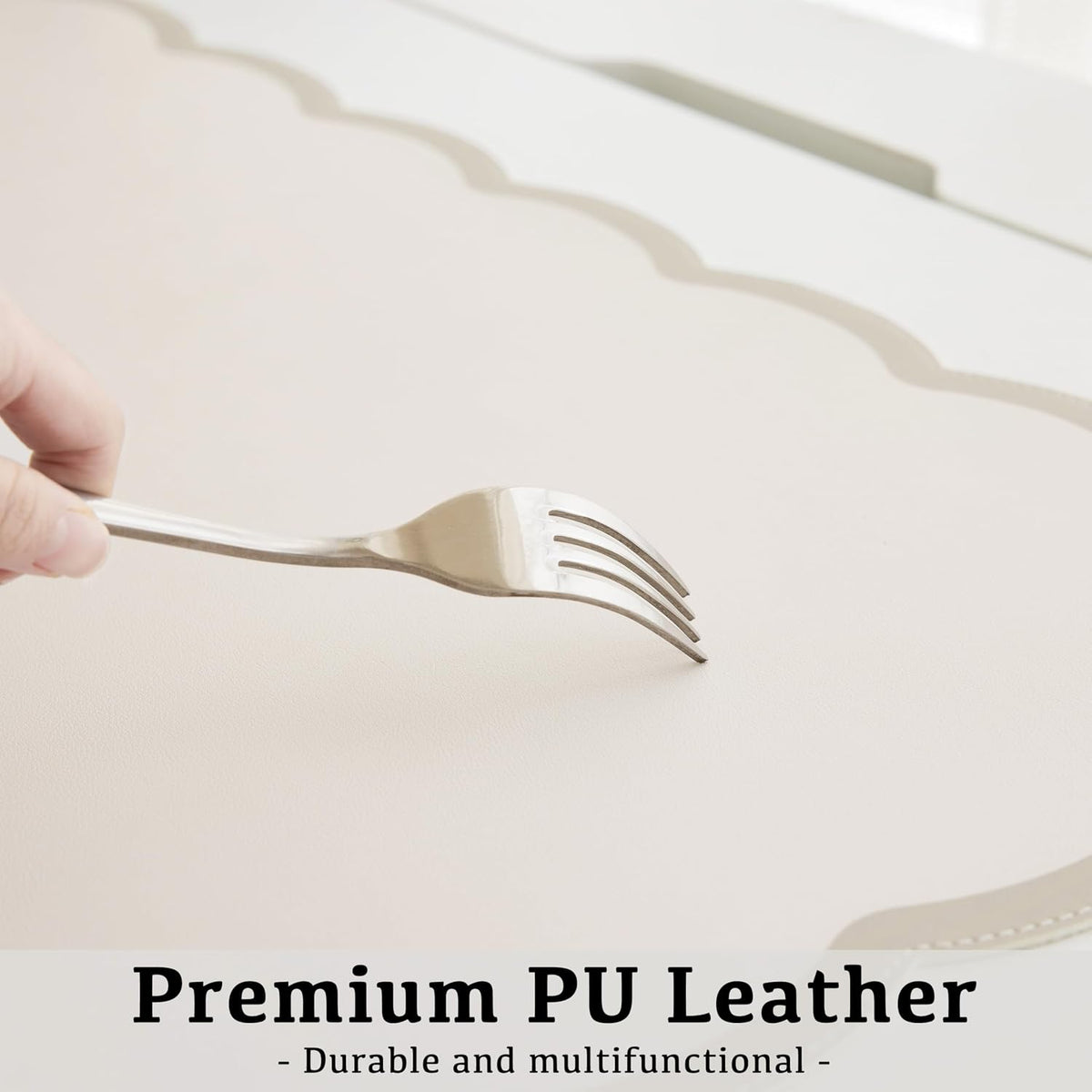 Scalloped Desk Mat, 31.5" x 15.7" Large Cute Aesthetic Desk Accessories, PU Leather Computer Laptop Desk Mouse Keyboard Pad, Desk Writing Mat for Vanity/Work/Home Decor (Beige, 31.5" x 15.7")