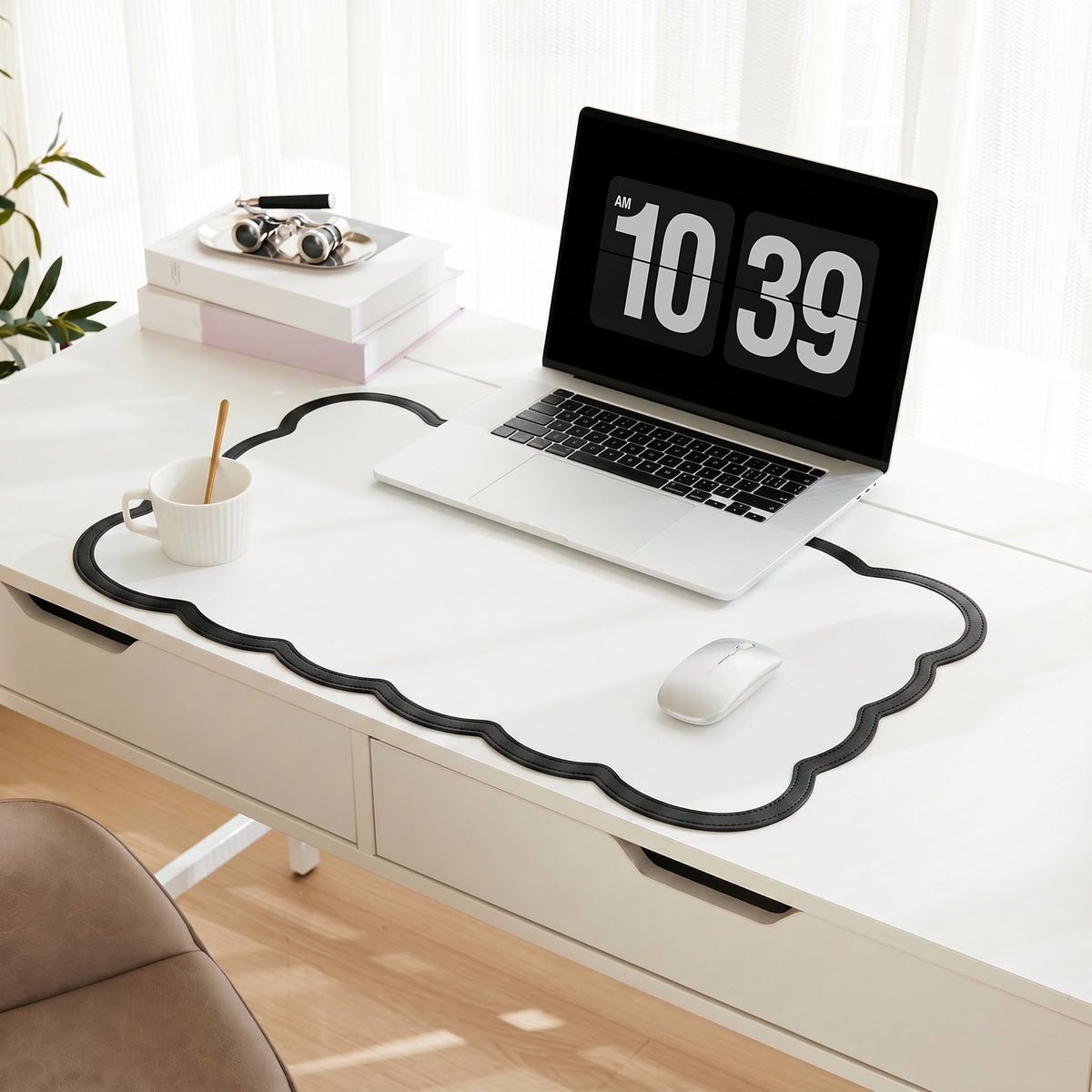 Scalloped Desk Mat, 31.5" x 15.7" Large Cute Aesthetic Desk Accessories, PU Leather Computer Laptop Desk Mouse Keyboard Pad, Desk Writing Mat for Vanity/Work/Home Decor (Beige, 31.5" x 15.7")