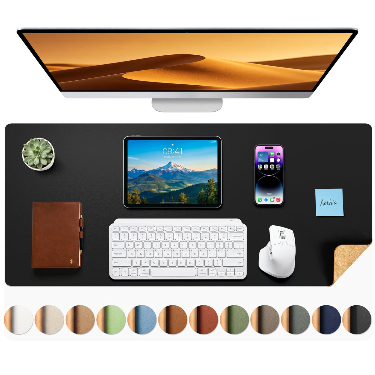Aothia Double-Sided Desk Pad, 35.4" x 15.7"Leather Desk Mat, Eco Cork Desk Pad Protector,Large Mouse Pad,Waterproof Desk Blotter for Office/Home(Brown)