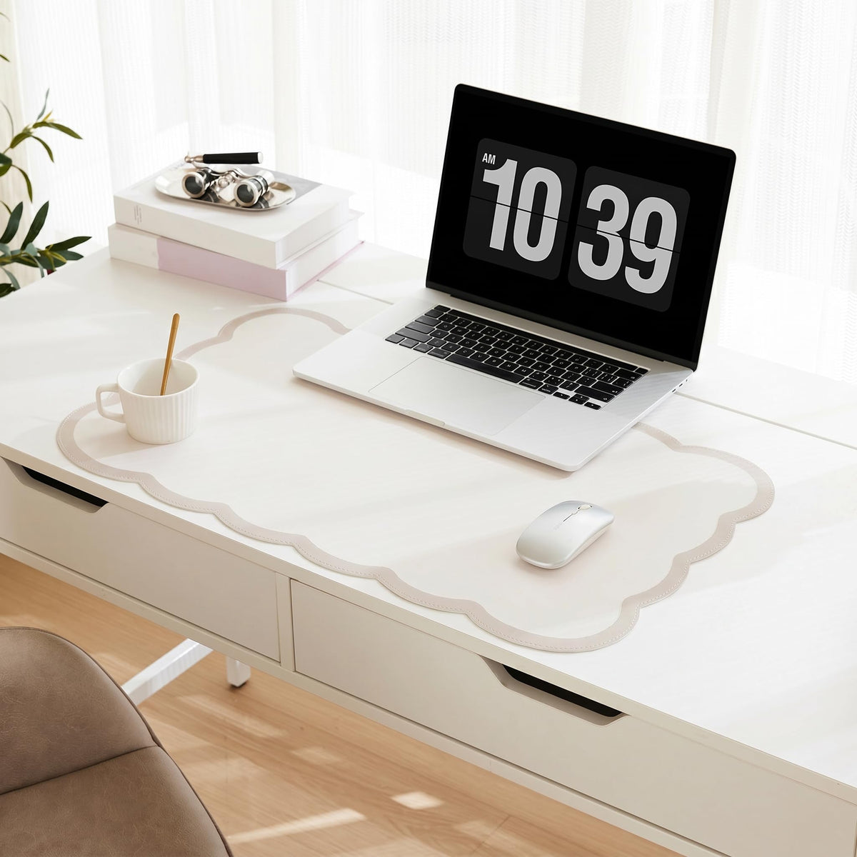 Scalloped Desk Mat, 31.5" x 15.7" Large Cute Aesthetic Desk Accessories, PU Leather Computer Laptop Desk Mouse Keyboard Pad, Desk Writing Mat for Vanity/Work/Home Decor (Beige, 31.5" x 15.7")