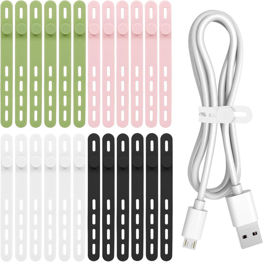 Donruby 24Pcs Silicone Cable Ties, Reusable Cord Organizer Straps, 4 Colors