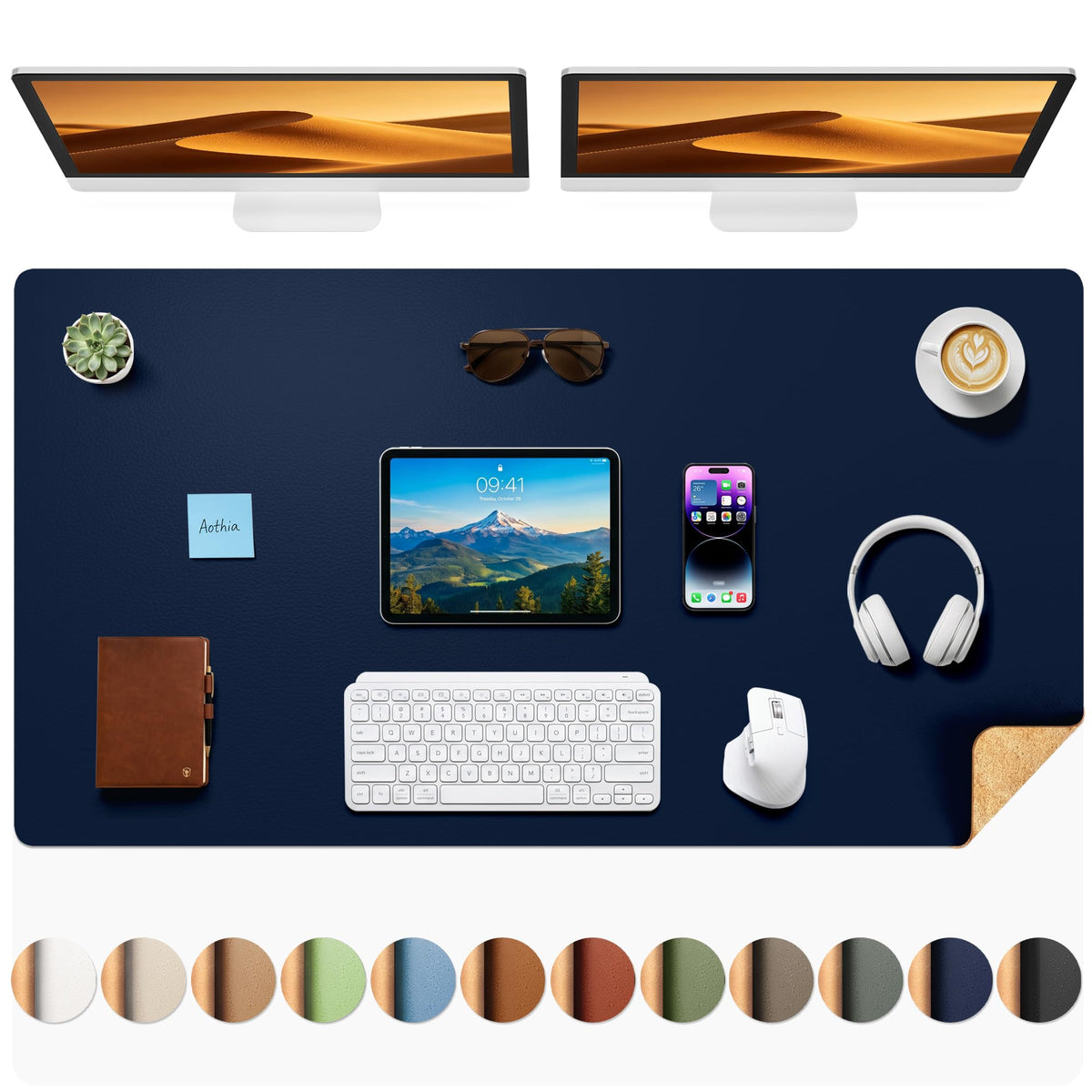 Aothia Double-Sided Desk Pad, 35.4" x 15.7"Leather Desk Mat, Eco Cork Desk Pad Protector,Large Mouse Pad,Waterproof Desk Blotter for Office/Home(Brown)