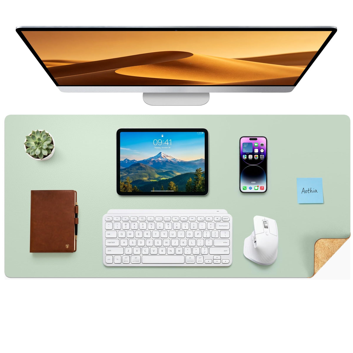 Aothia Double-Sided Desk Pad, 35.4" x 15.7"Leather Desk Mat, Eco Cork Desk Pad Protector,Large Mouse Pad,Waterproof Desk Blotter for Office/Home(Brown)