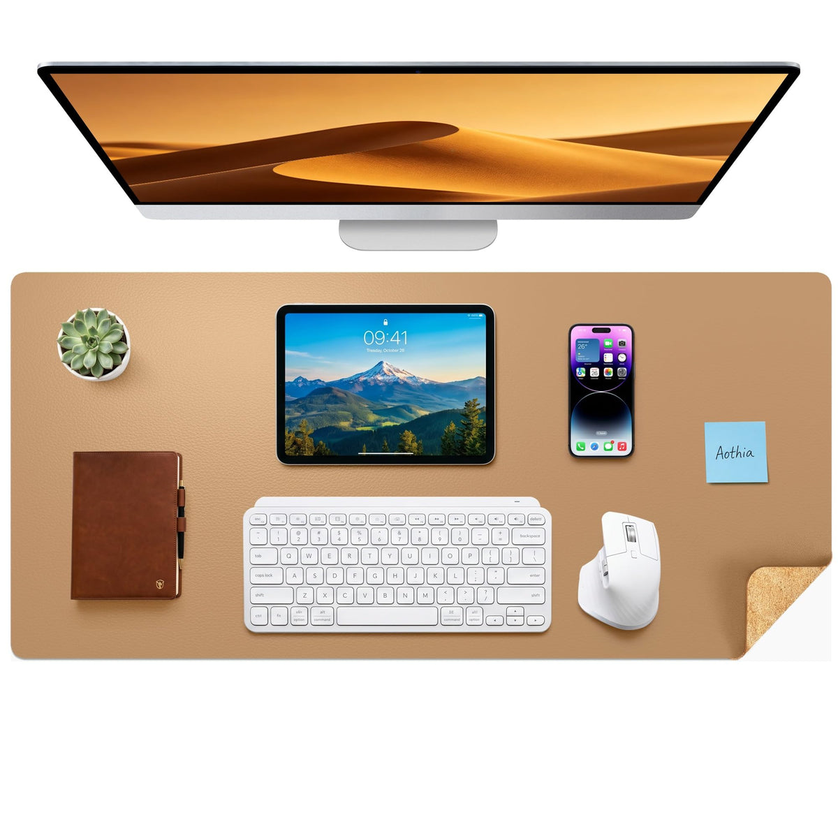 Aothia Double-Sided Desk Pad, 35.4" x 15.7"Leather Desk Mat, Eco Cork Desk Pad Protector,Large Mouse Pad,Waterproof Desk Blotter for Office/Home(Brown)