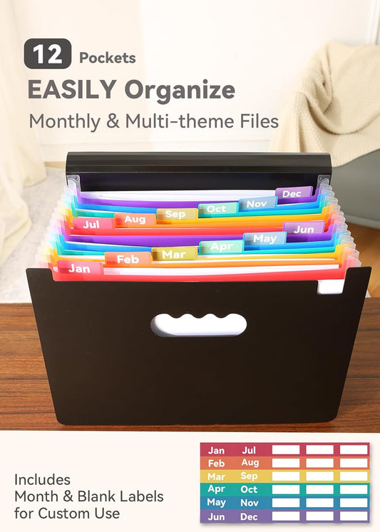 SortRax Monthly 12-Pocket Accordion File Organizer, Letter/A4 Size, Black