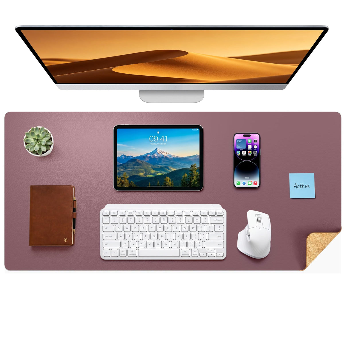 Aothia Double-Sided Desk Pad, 35.4" x 15.7"Leather Desk Mat, Eco Cork Desk Pad Protector,Large Mouse Pad,Waterproof Desk Blotter for Office/Home(Brown)