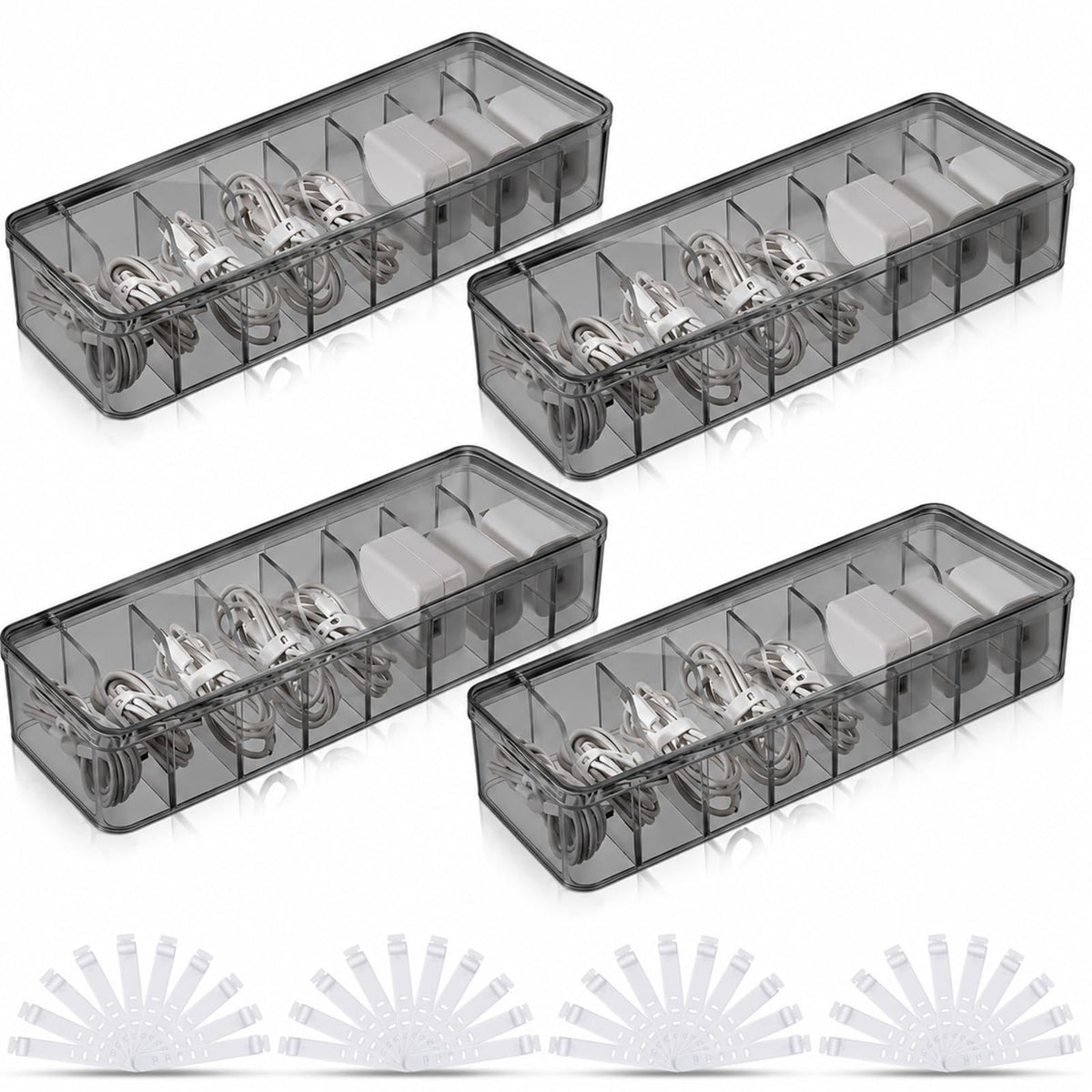 Tatuo Cord Organizer Box with Lid, Clear, 2 Pack