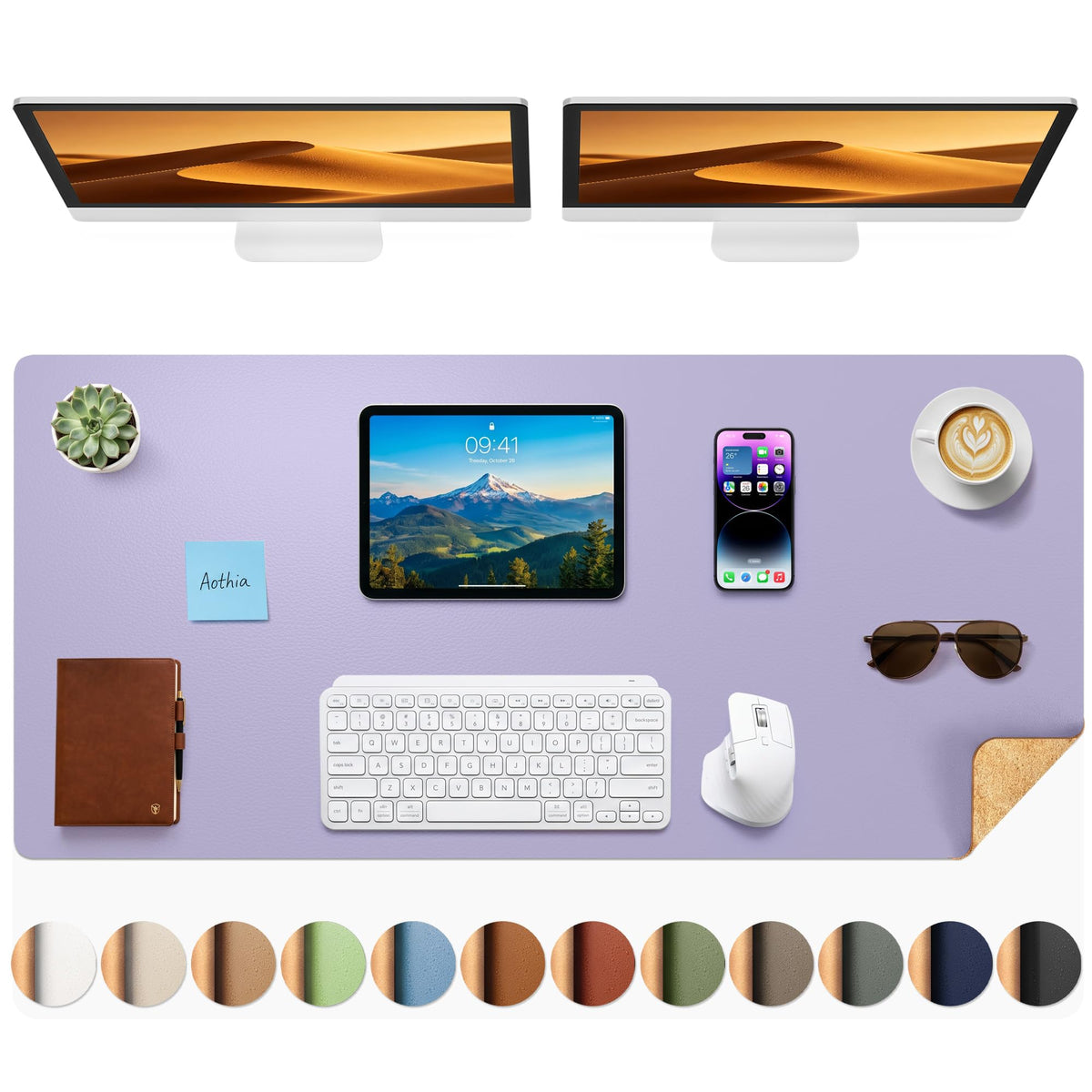 Aothia Double-Sided Desk Pad, 35.4" x 15.7"Leather Desk Mat, Eco Cork Desk Pad Protector,Large Mouse Pad,Waterproof Desk Blotter for Office/Home(Brown)