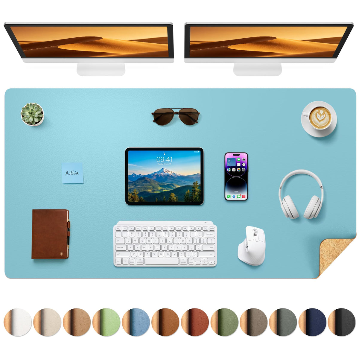 Aothia Double-Sided Desk Pad, 35.4" x 15.7"Leather Desk Mat, Eco Cork Desk Pad Protector,Large Mouse Pad,Waterproof Desk Blotter for Office/Home(Brown)