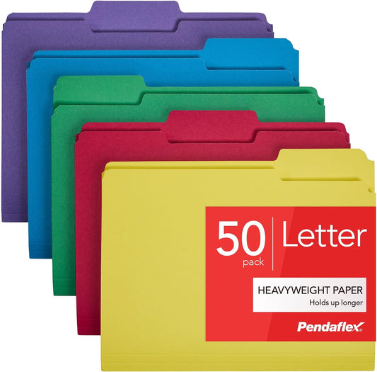 Pendaflex Heavy Duty File Folders, 50 Pack, Letter Size (8.5" x 11"), 3 Tabs, Extra Durable Paper, 5 Assorted Colors, Color-Coding for School, Office & Home Document Organization