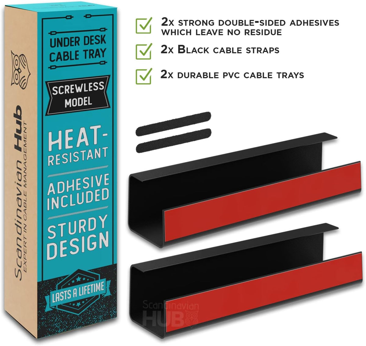 Scanfield Under Desk Cable Management Tray, No-Screw, 17-Inch, 2-Pack Black