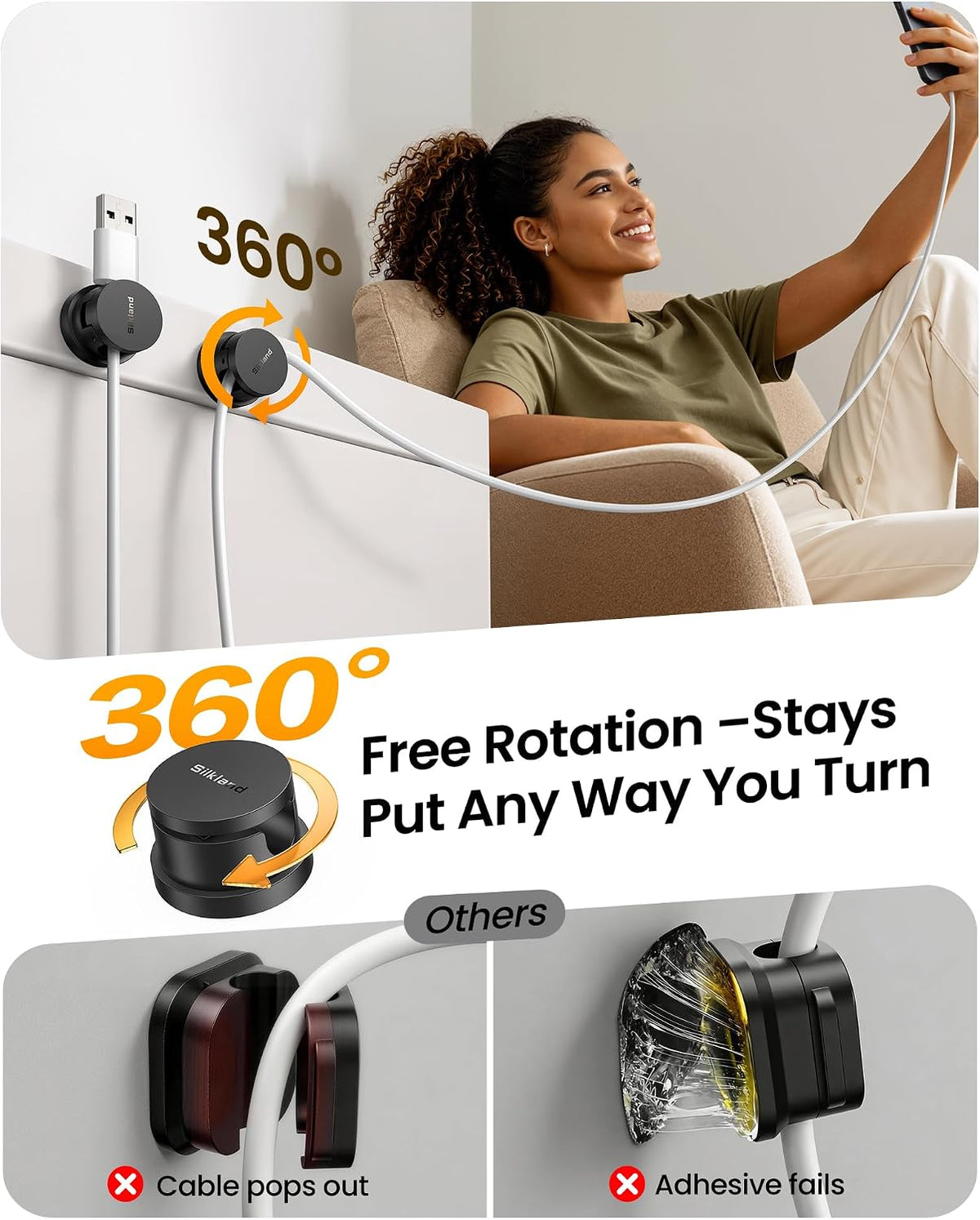 Silkland 6 Pack Snap-Lock Cable Clips, Rotatable Cord Holder for Nightstand