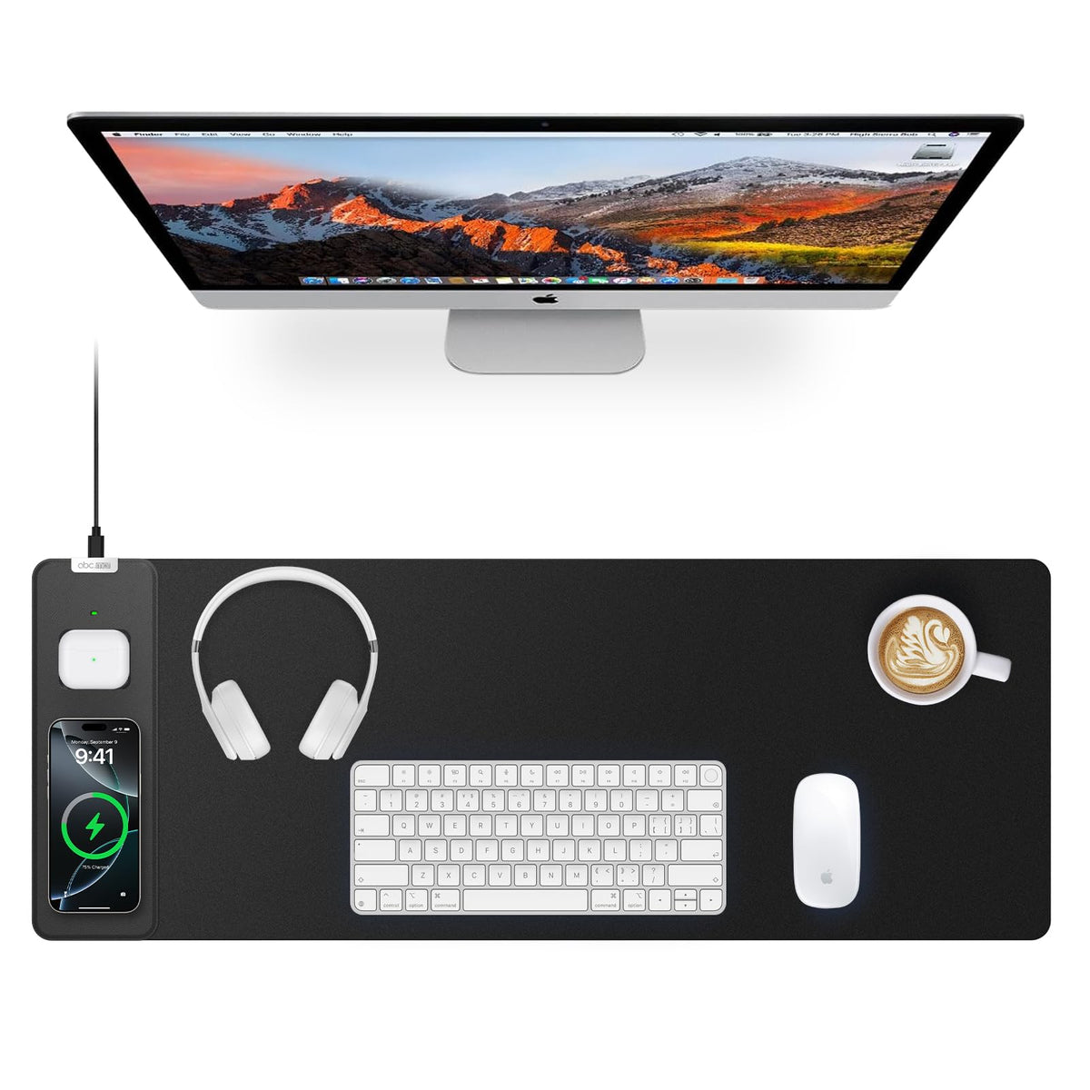 Wireless Charging Mouse Pad with Foldable Phone Holder, 31.5"x15.8", Black