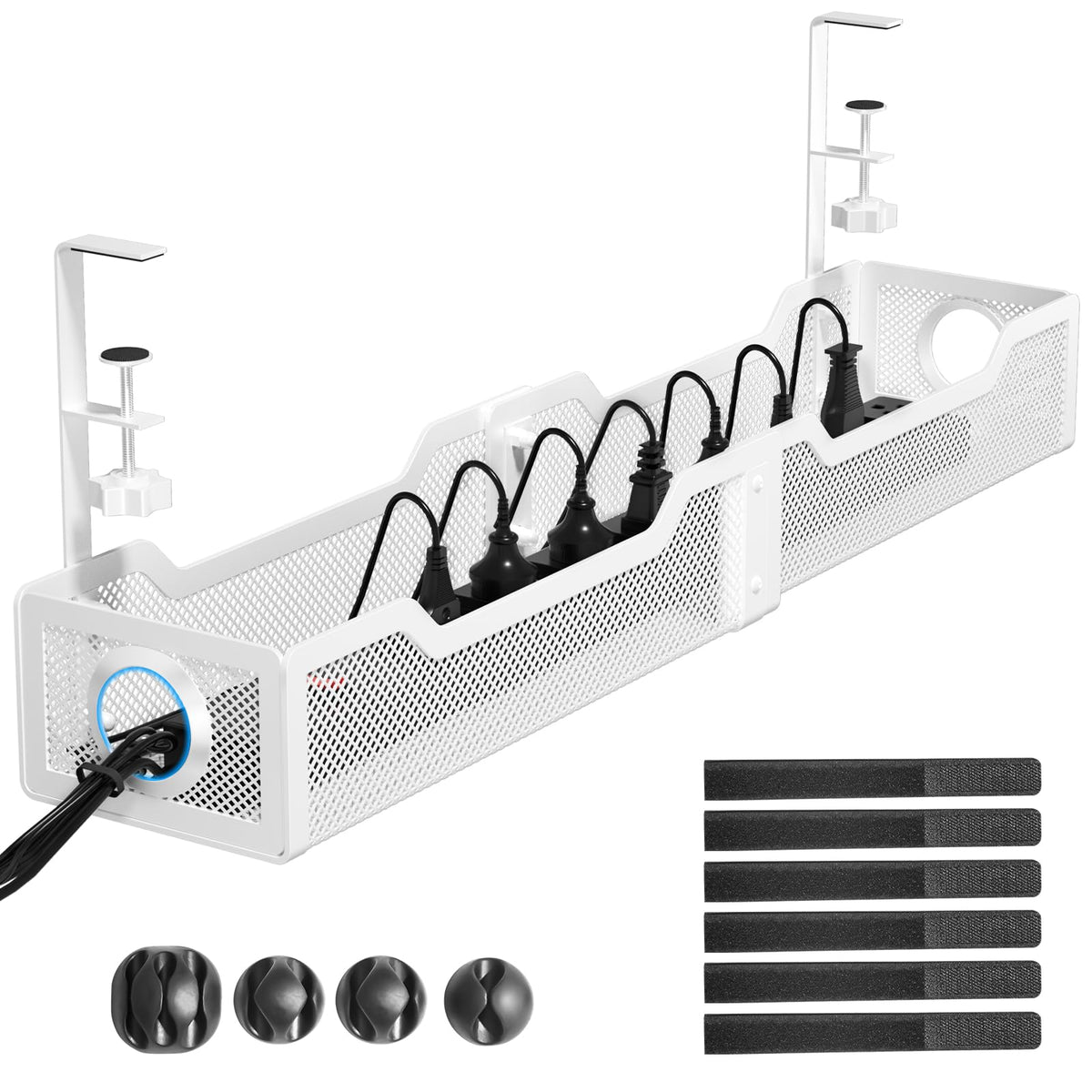 Under Desk Cable Management Tray White, Cinati Wire Organizers No Drill, Cable Tray with Clamp for Wire Management, Cord Organization Box for Office, Home - No Damage to Desk