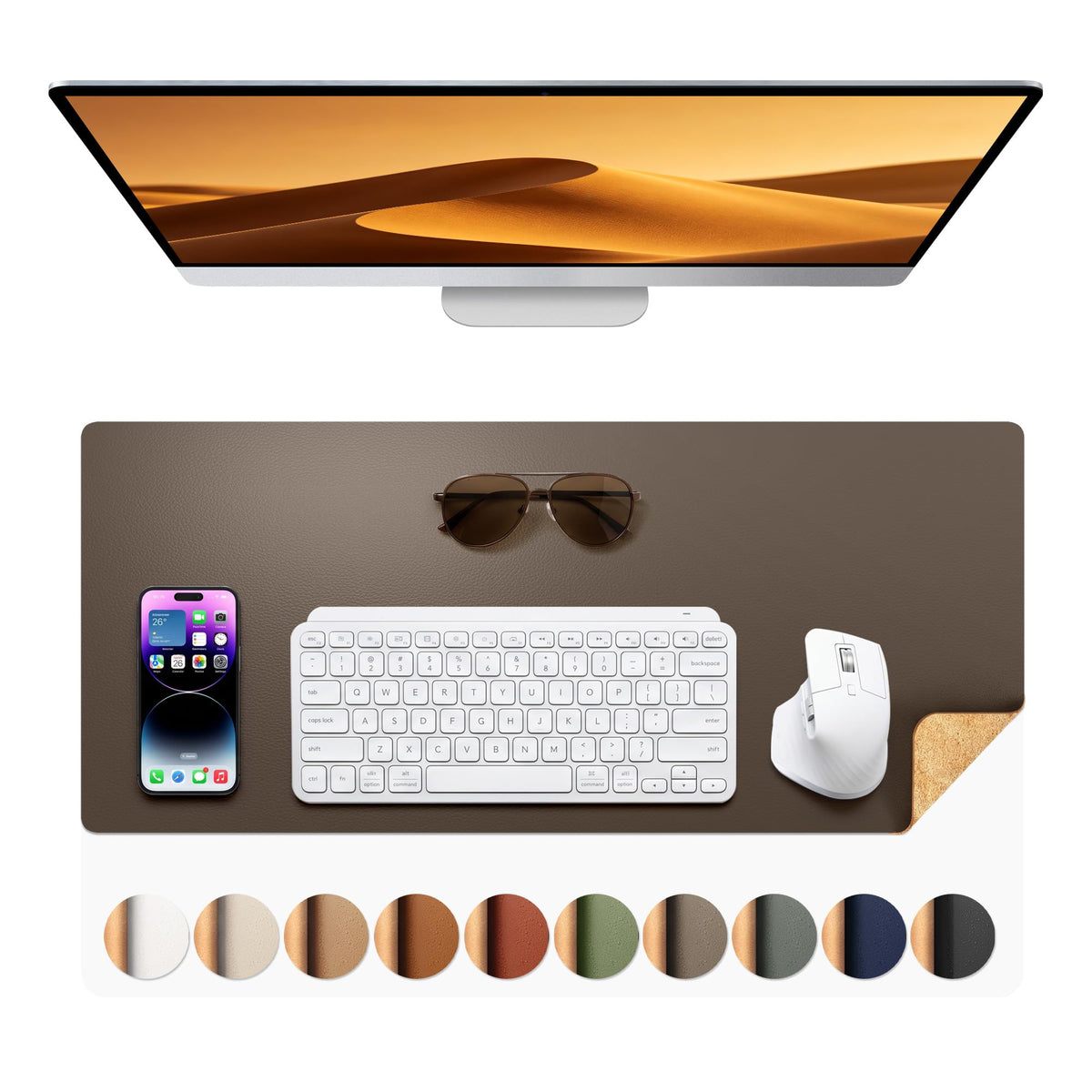 Aothia Double-Sided Desk Pad, 35.4" x 15.7"Leather Desk Mat, Eco Cork Desk Pad Protector,Large Mouse Pad,Waterproof Desk Blotter for Office/Home(Brown)