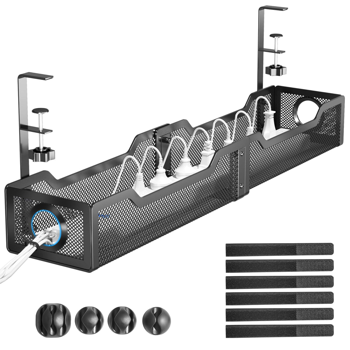 Under Desk Cable Management Tray White, Cinati Wire Organizers No Drill, Cable Tray with Clamp for Wire Management, Cord Organization Box for Office, Home - No Damage to Desk