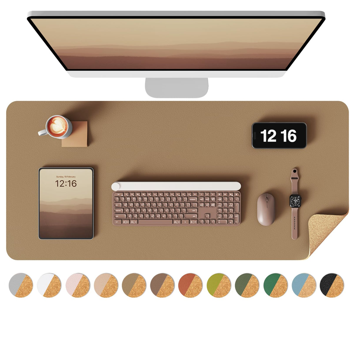 YSAGi Double-Sided Desk Pad, 31.5"x15.7"Leather Desk Mat, Eco Cork Desk Pad Protector,Large Mouse Pad,Waterproof Desk Blotter for Office/Home(Coffee)