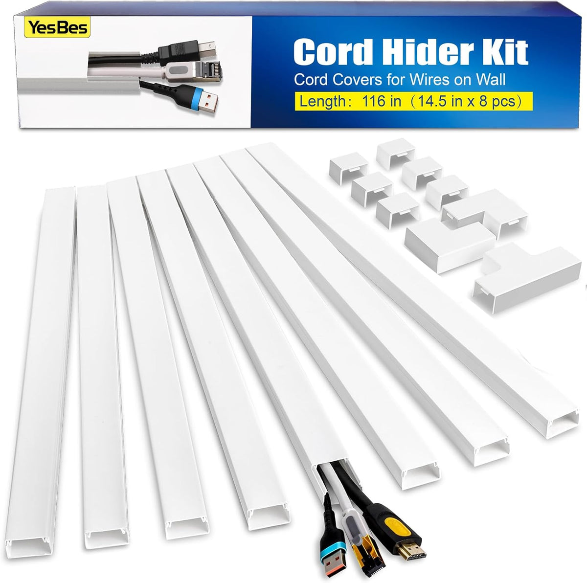 YesBes Cord Hider Kit for Wall Mount TV, Covers for Wires on Wall, Paintable Cable Raceway, W0.96in X H0.57in, 116in, White