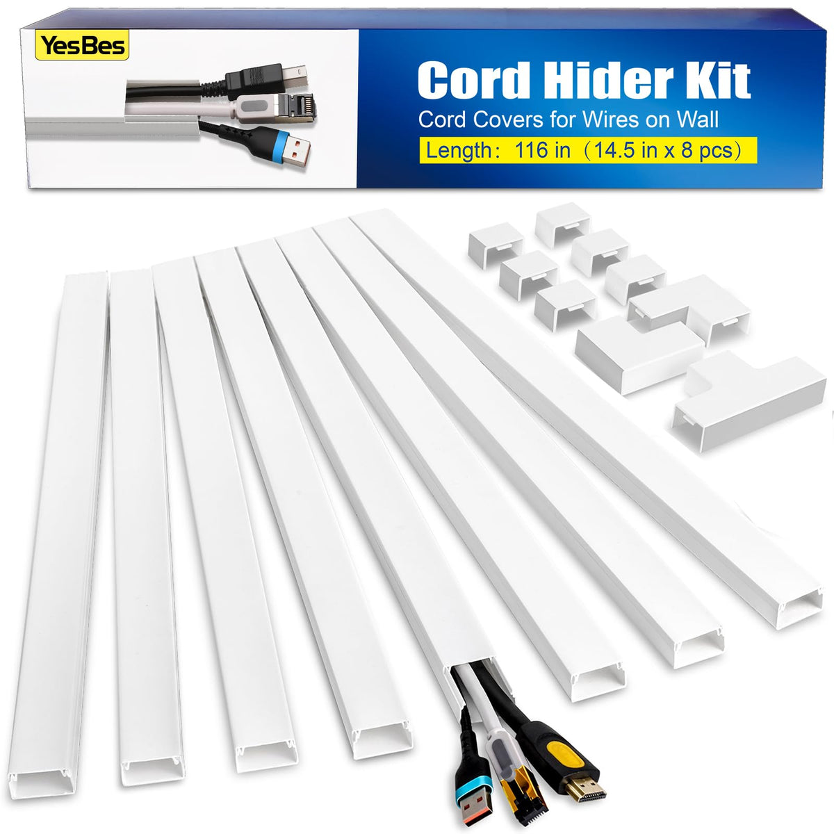 YesBes Cord Hider Kit for Wall Mount TV, Covers for Wires on Wall, Paintable Cable Raceway, W0.96in X H0.57in, 116in, White