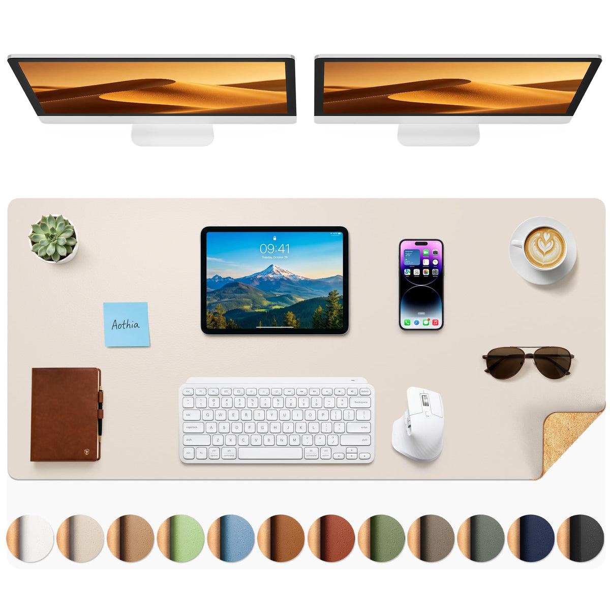 Aothia Double-Sided Desk Pad, 35.4" x 15.7"Leather Desk Mat, Eco Cork Desk Pad Protector,Large Mouse Pad,Waterproof Desk Blotter for Office/Home(Brown)