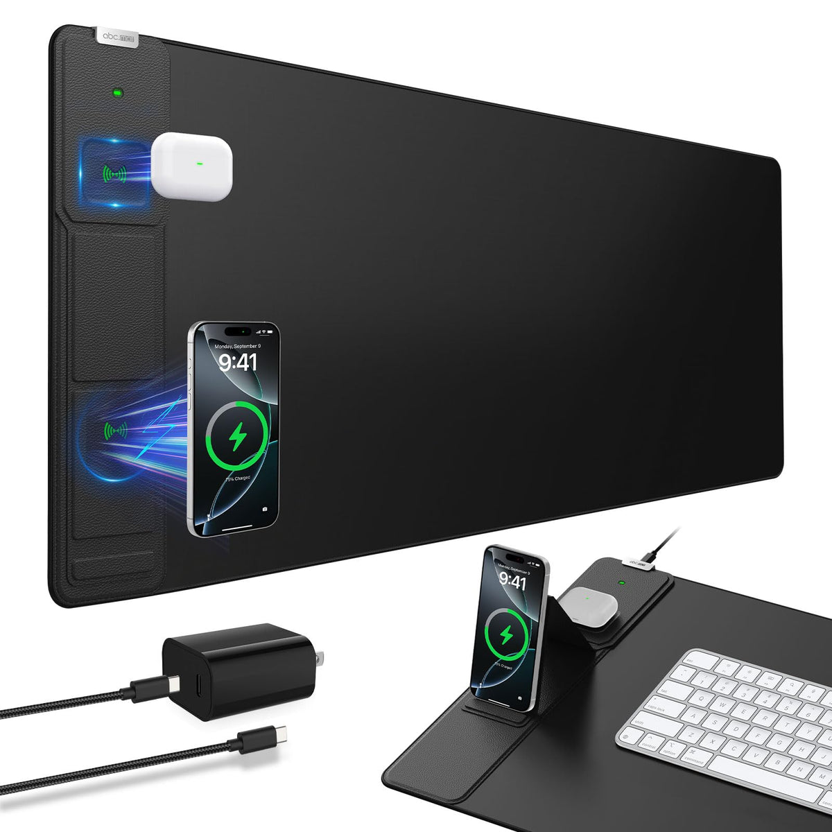 Wireless Charging Mouse Pad with Foldable Phone Holder, 31.5"x15.8", Black
