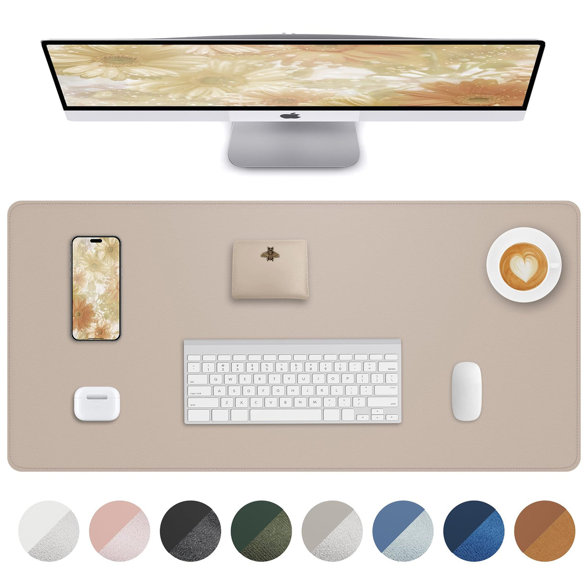AFIING Desk Pad Protector 23.6" x 13.7" - Non-Slip Waterproof PU Leather Desk Mat for Mouse, Keyboard, Laptop, Office and Home Workspace (Beige)