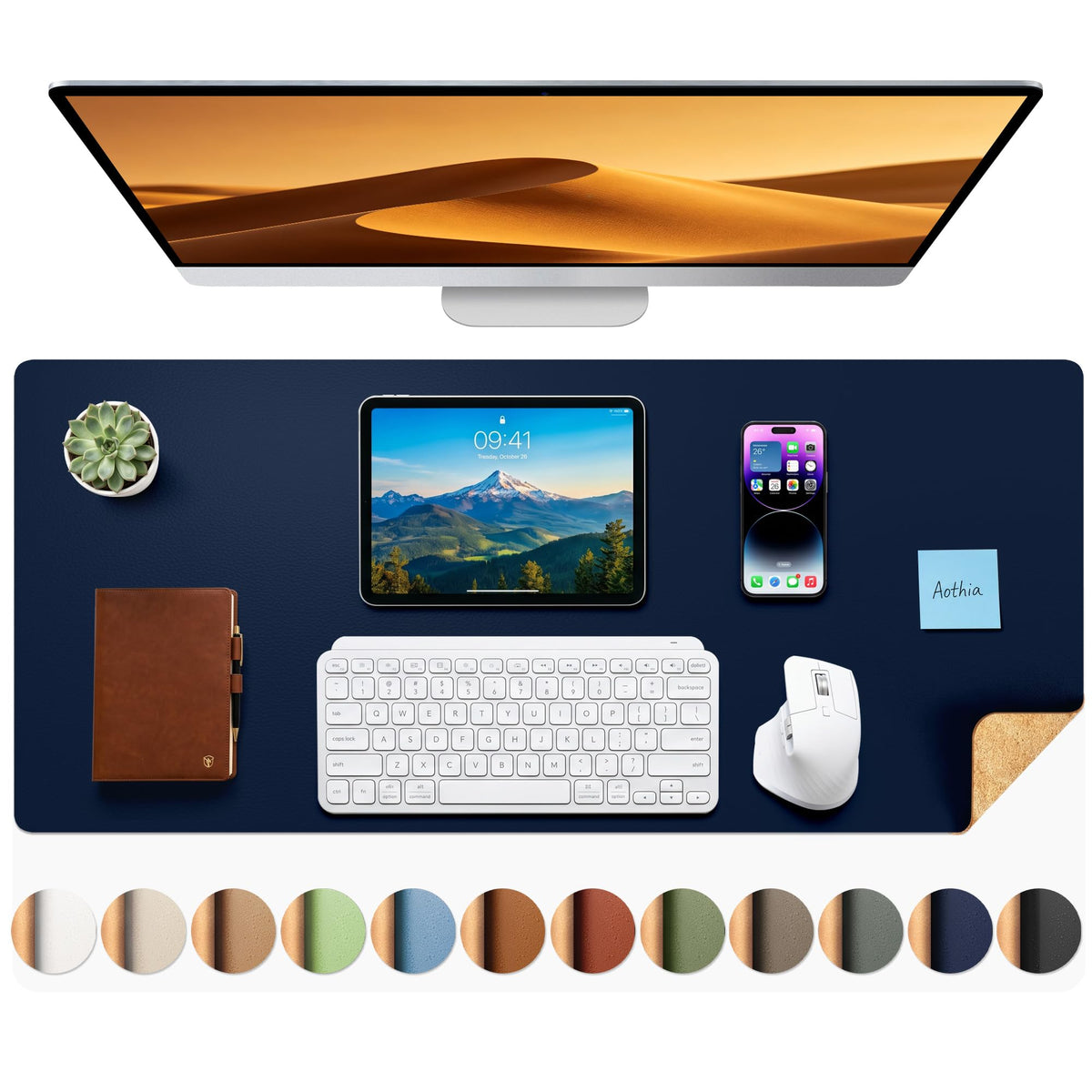 Aothia Double-Sided Desk Pad, 35.4" x 15.7"Leather Desk Mat, Eco Cork Desk Pad Protector,Large Mouse Pad,Waterproof Desk Blotter for Office/Home(Brown)