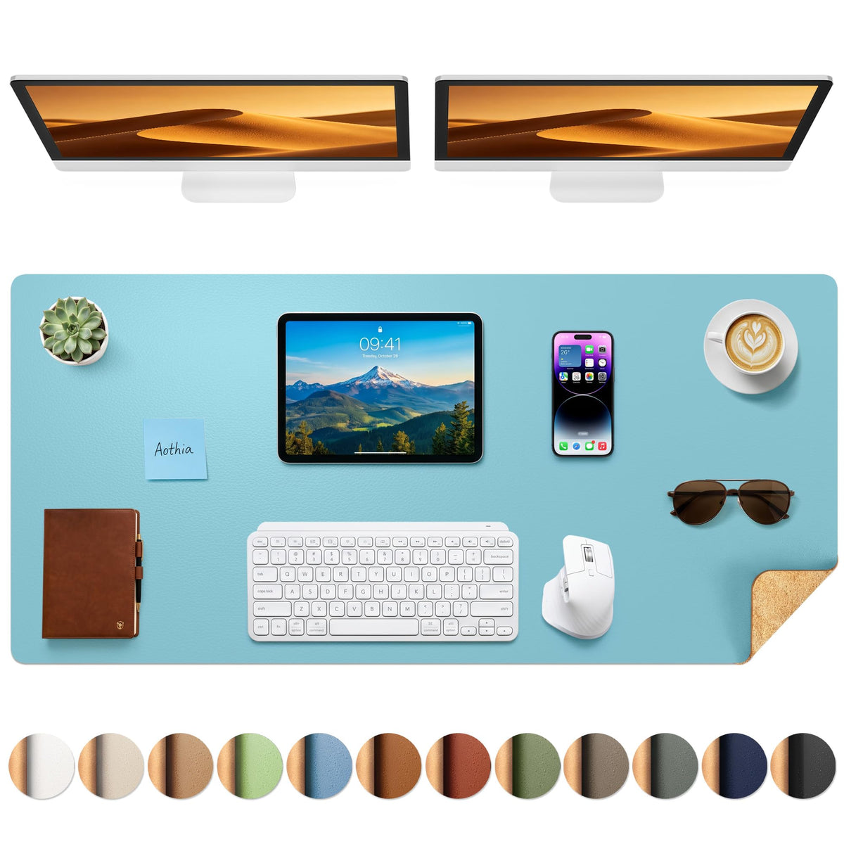 Aothia Double-Sided Desk Pad, 35.4" x 15.7"Leather Desk Mat, Eco Cork Desk Pad Protector,Large Mouse Pad,Waterproof Desk Blotter for Office/Home(Brown)