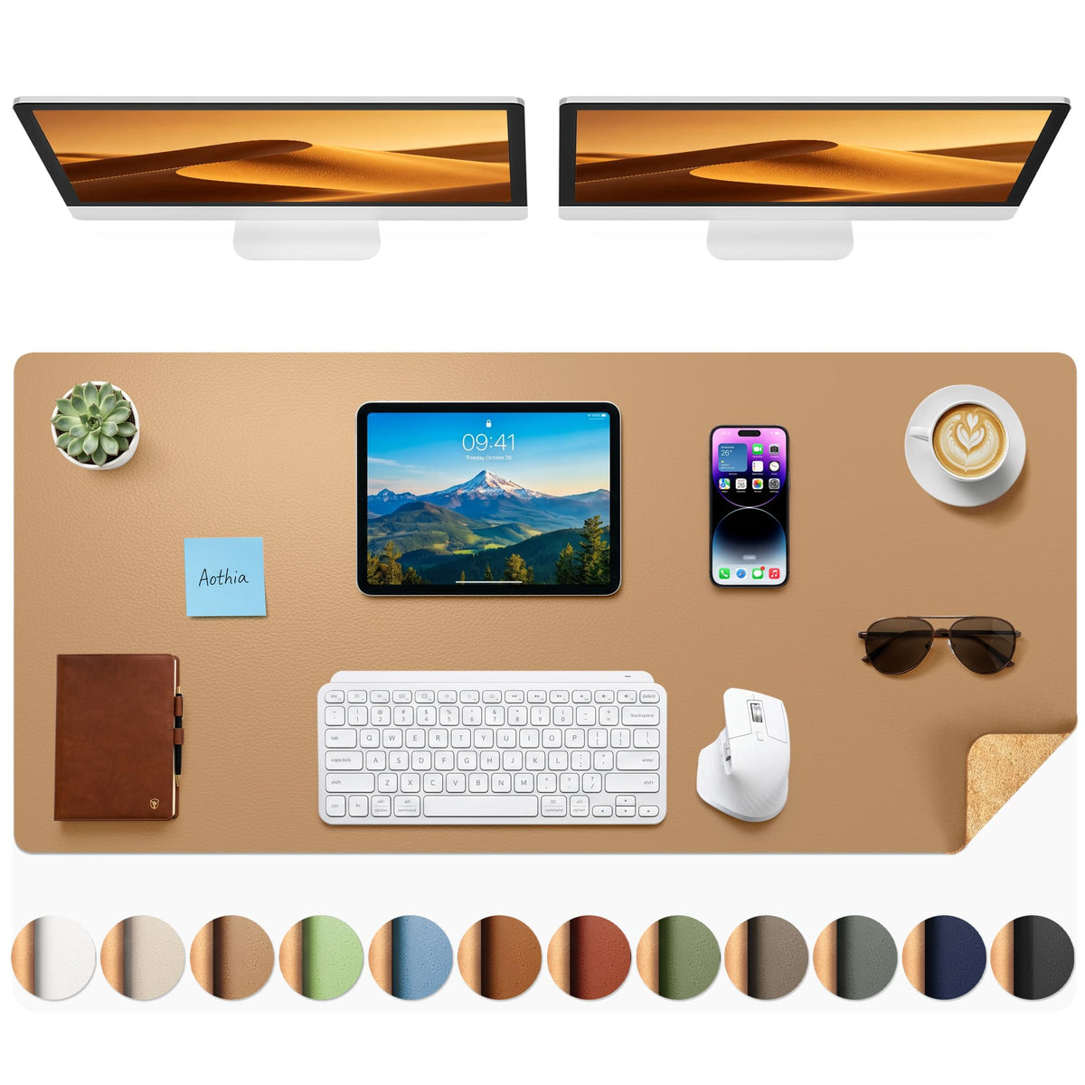 Aothia Double-Sided Desk Pad, 35.4" x 15.7"Leather Desk Mat, Eco Cork Desk Pad Protector,Large Mouse Pad,Waterproof Desk Blotter for Office/Home(Brown)