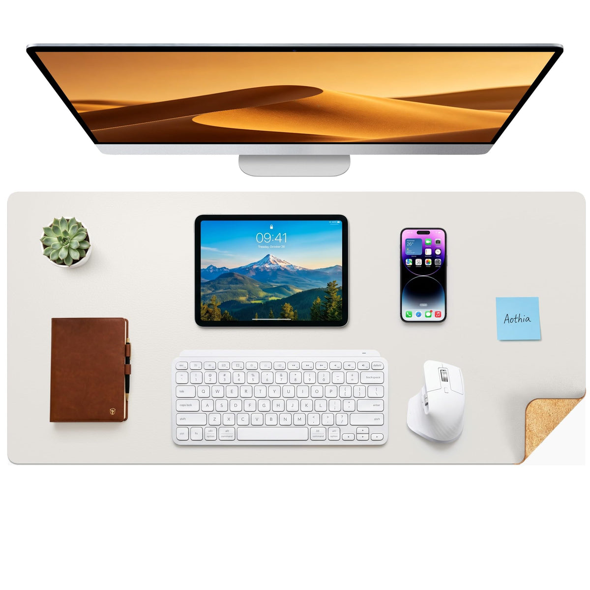 Aothia Double-Sided Desk Pad, 35.4" x 15.7"Leather Desk Mat, Eco Cork Desk Pad Protector,Large Mouse Pad,Waterproof Desk Blotter for Office/Home(Brown)