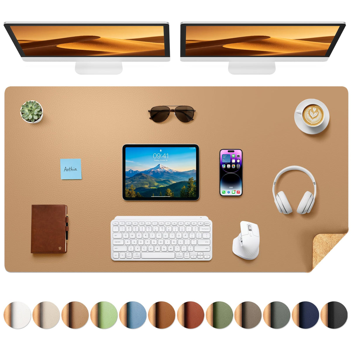 Aothia Double-Sided Desk Pad, 35.4" x 15.7"Leather Desk Mat, Eco Cork Desk Pad Protector,Large Mouse Pad,Waterproof Desk Blotter for Office/Home(Brown)