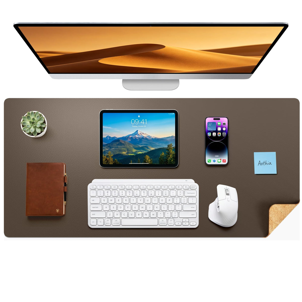 Aothia Double-Sided Desk Pad, 35.4" x 15.7"Leather Desk Mat, Eco Cork Desk Pad Protector,Large Mouse Pad,Waterproof Desk Blotter for Office/Home(Brown)