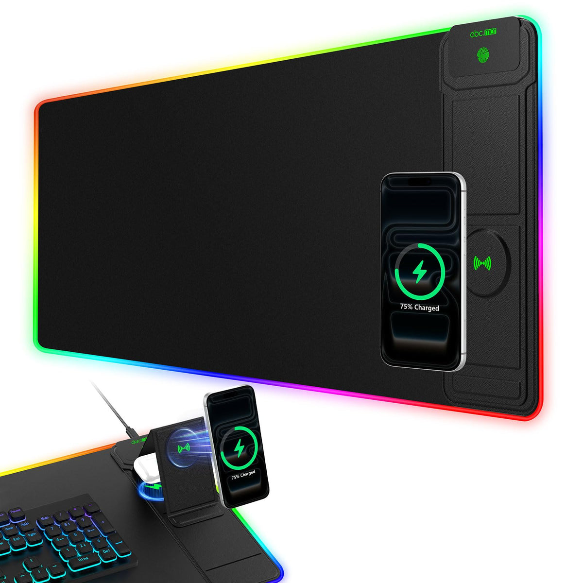 Wireless Charging Mouse Pad with Foldable Phone Holder, 31.5"x15.8", Black