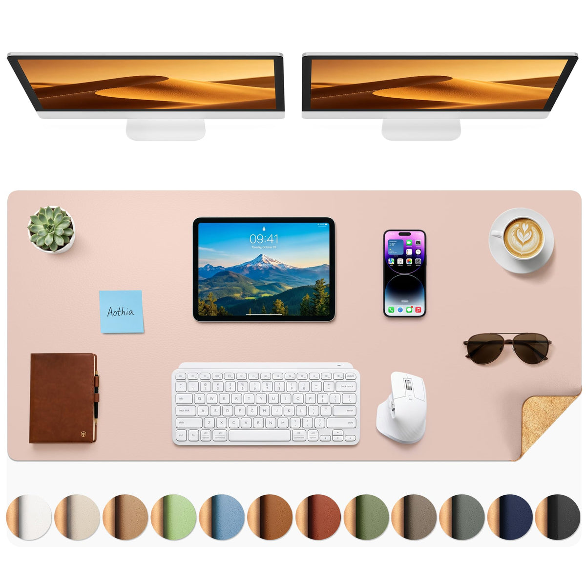 Aothia Double-Sided Desk Pad, 35.4" x 15.7"Leather Desk Mat, Eco Cork Desk Pad Protector,Large Mouse Pad,Waterproof Desk Blotter for Office/Home(Brown)