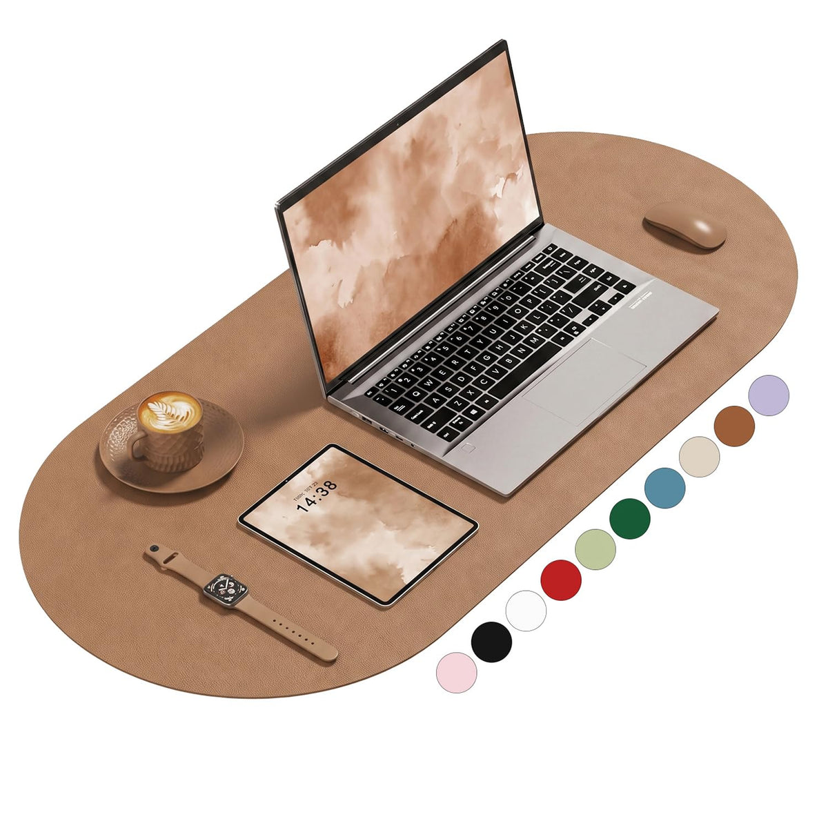 Desk Mat, 31.5" x 15" Oval PU Leather Non-Slip Desk Pad Large Mouse Pad for Desktop, Waterproof Countertop Protector Writing Mat for Office, Home, Gaming, Vanity, Beige