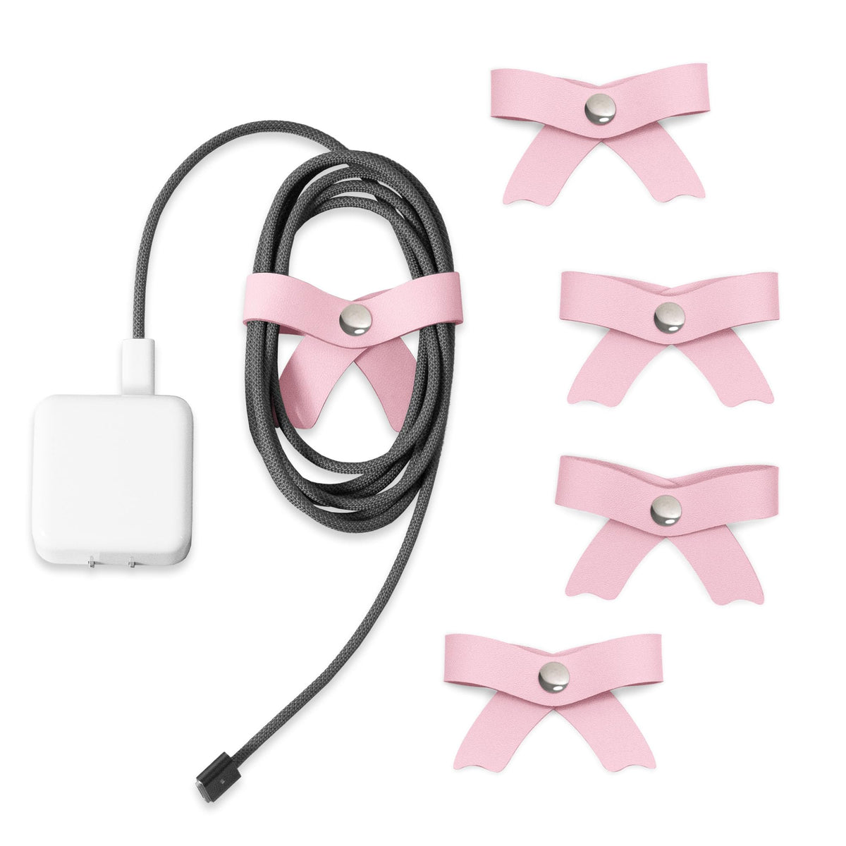 SenseAGE 5 Pack Cord Organizer, Bow Cord Keeper, Cable Organizer USB Holder, Leather Cable Management, Cable Straps, Earphone Winder, Storage Straps for Electronics, Earbuds, Small, Pink