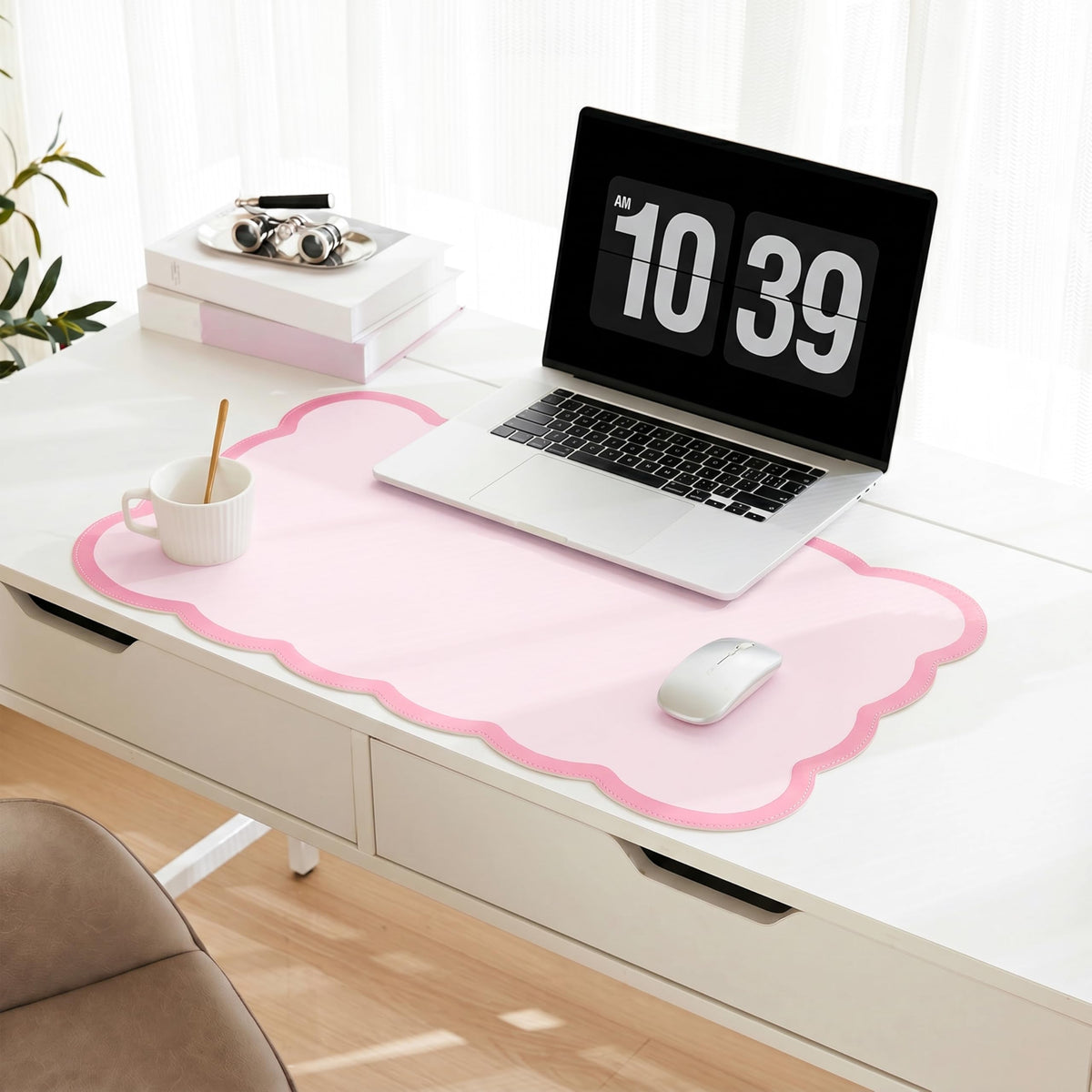 Scalloped Desk Mat, 31.5" x 15.7" Large Cute Aesthetic Desk Accessories, PU Leather Computer Laptop Desk Mouse Keyboard Pad, Desk Writing Mat for Vanity/Work/Home Decor (Beige, 31.5" x 15.7")