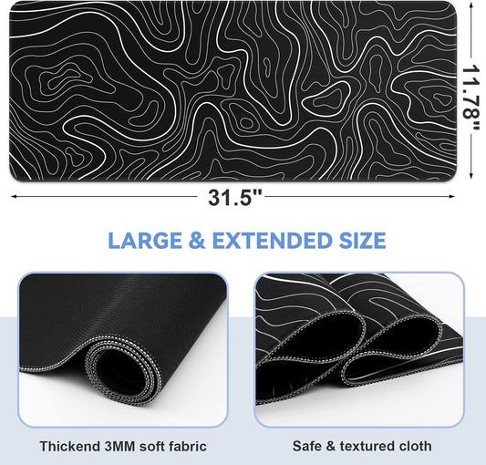DIGSOM Gaming Mouse Pad, Black with White Topographic Line, 31.5x11.8in