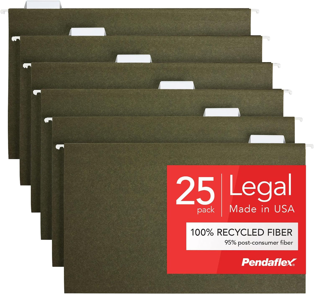 Pendaflex Recycled Hanging File Folders, 25 Pack, Green, Legal Size (8.5" x 14"), 5 Tab Positions, Includes Tabs and Inserts, Eco-Friendly Hanging Files for Office and Document Organization
