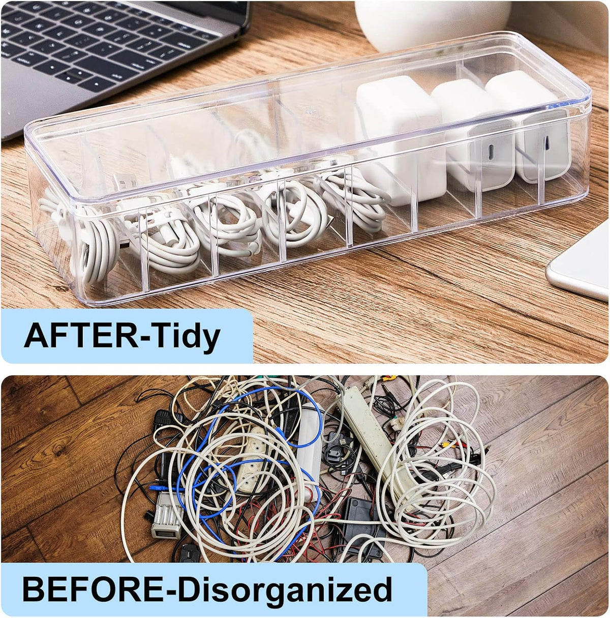 Tatuo Cord Organizer Box with Lid, Clear, 2 Pack